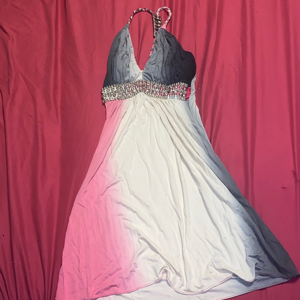 Vintage SKY Pink, Grey & White Crystal Jeweled Embellished Long Cami Top